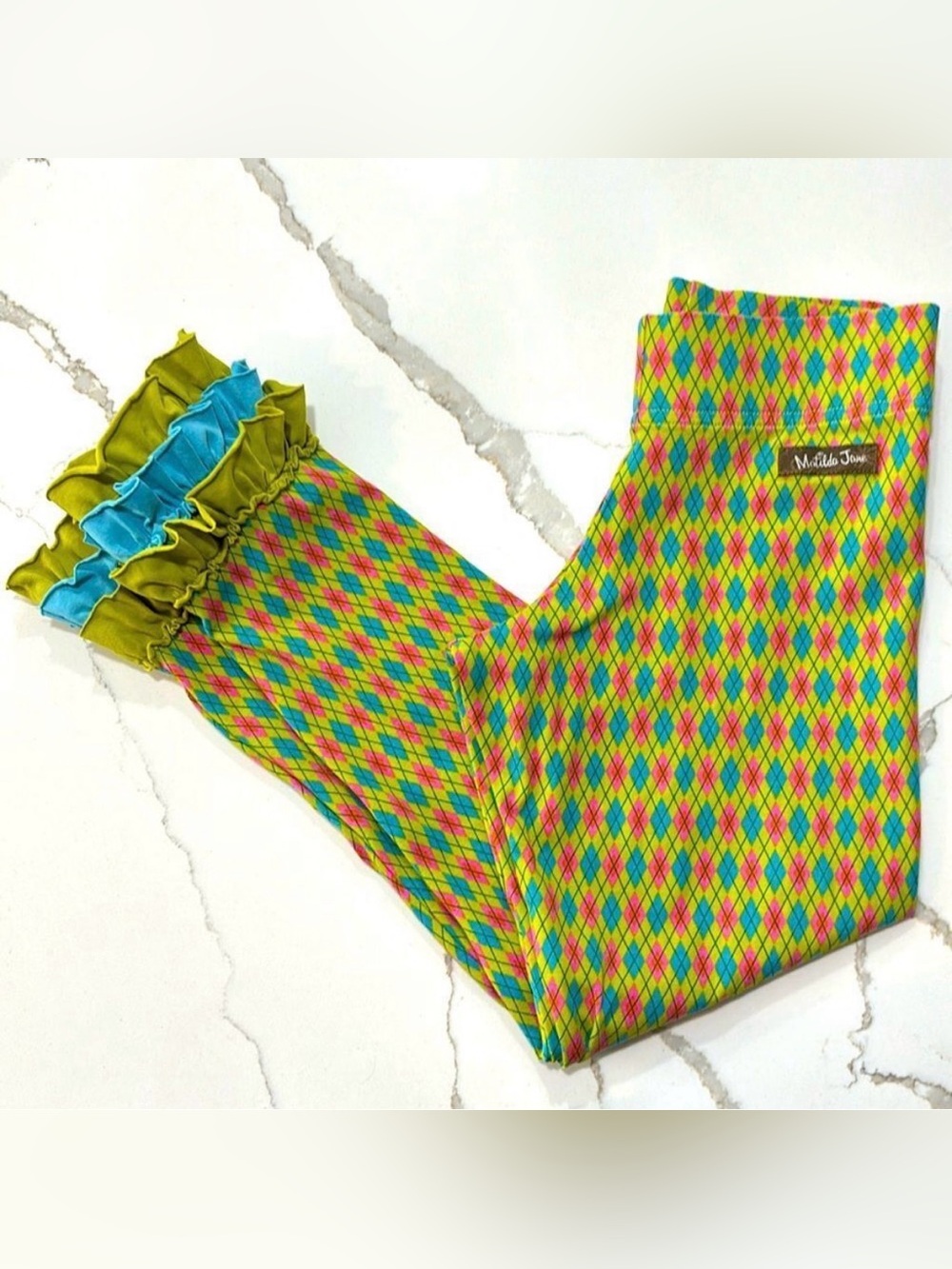 Matilda Jane | Emerald Argyle Girls Leggings Paint By Numbers Green Pink Size 8